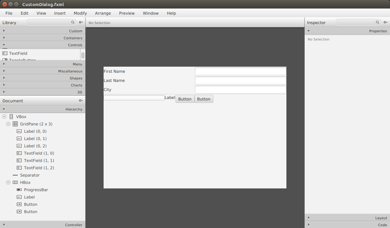 Screenshot of Scene Builder Showing Unstyled Dialog