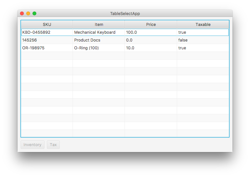 TableView With No Items Selected