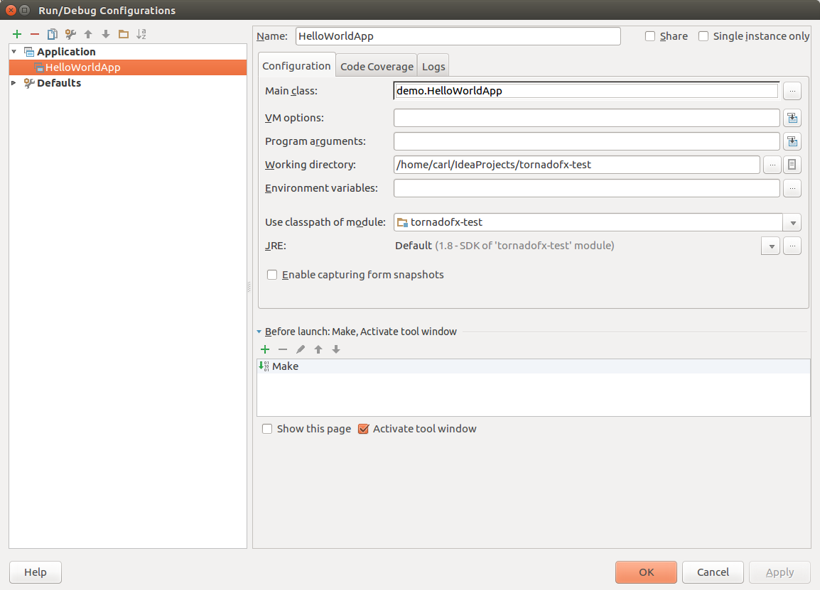 IntelliJ Screenshot of HelloWorldApp Run/Debug Configuration