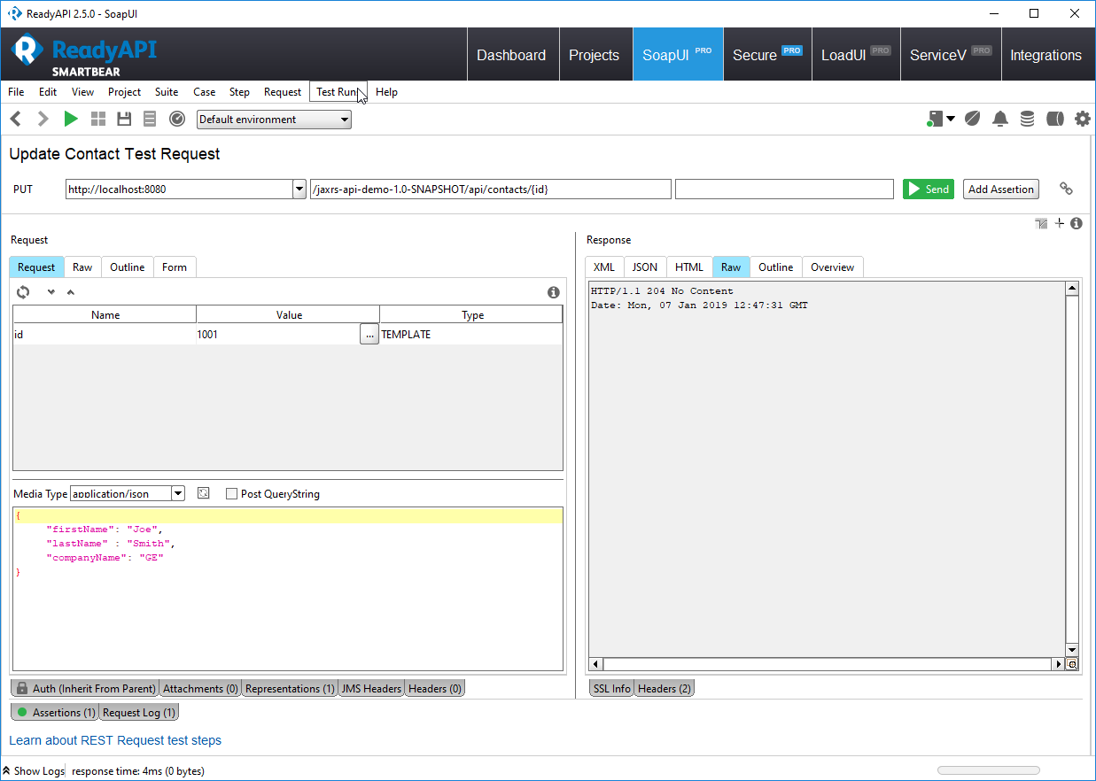 ReadyAPI Request / Response Window