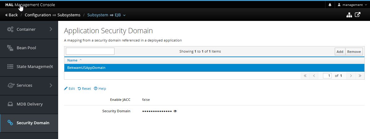 EJB Security Domain Screen